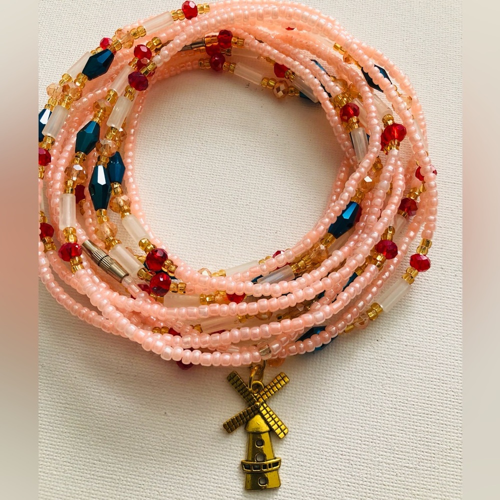 Pink and Gold African Beaded Waist Beads/Waist Chain with Windmill Accent